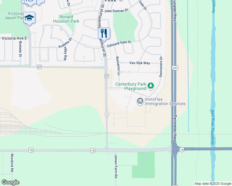 map of restaurants, bars, coffee shops, grocery stores, and more near 367-375 Ravenhurst Street in Winnipeg