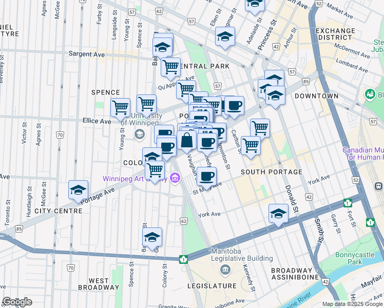 map of restaurants, bars, coffee shops, grocery stores, and more near 422 Portage Avenue in Winnipeg