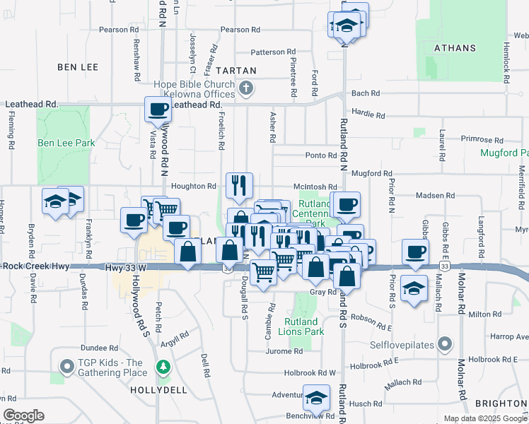 map of restaurants, bars, coffee shops, grocery stores, and more near 275 Asher Road in Kelowna