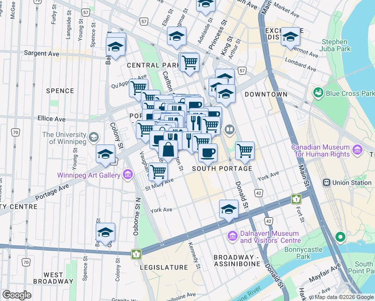 map of restaurants, bars, coffee shops, grocery stores, and more near 236 Carlton Street in Winnipeg