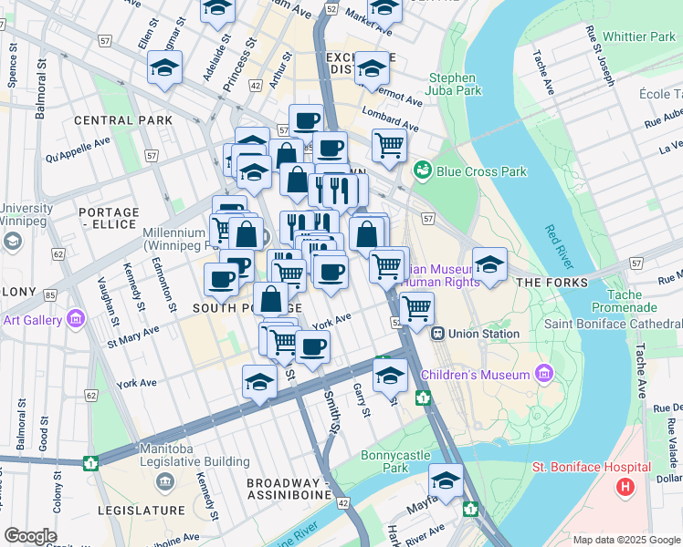 map of restaurants, bars, coffee shops, grocery stores, and more near 190 Fort Street in Winnipeg