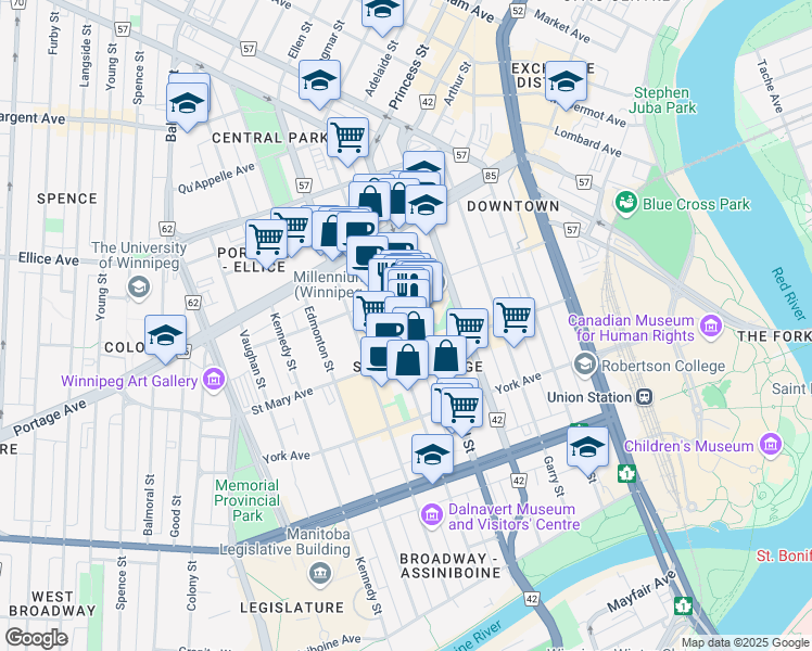 map of restaurants, bars, coffee shops, grocery stores, and more near 53-234 Donald Street in Winnipeg