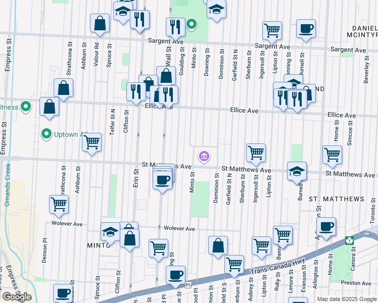 map of restaurants, bars, coffee shops, grocery stores, and more near 818 Minto Street in Winnipeg