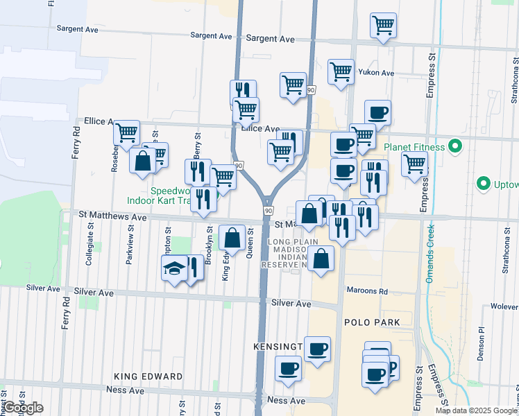 map of restaurants, bars, coffee shops, grocery stores, and more near 106 Century Street in Winnipeg