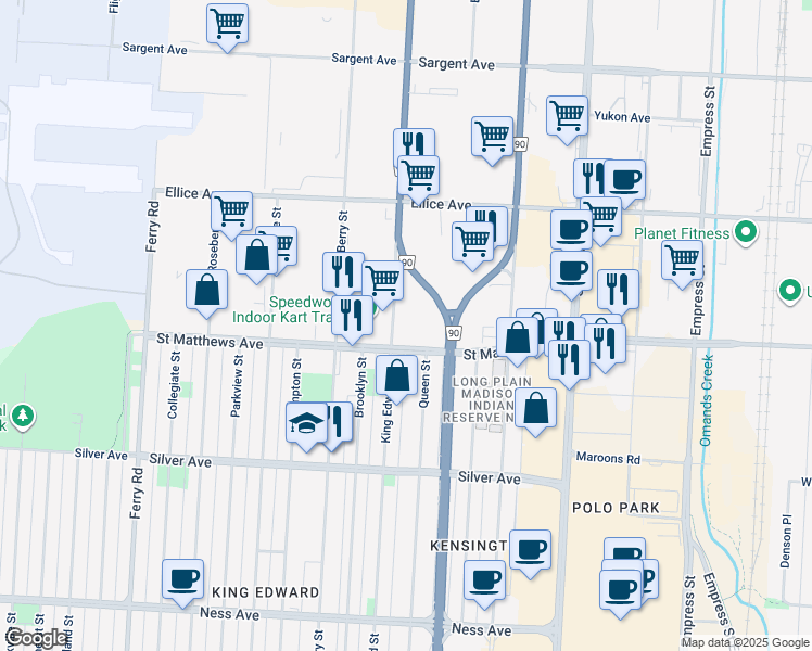 map of restaurants, bars, coffee shops, grocery stores, and more near 545 King Edward Street in Winnipeg