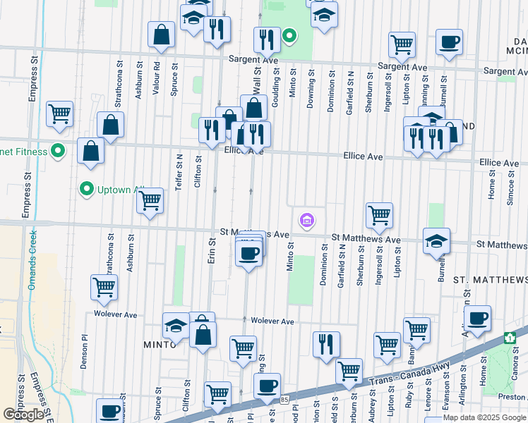 map of restaurants, bars, coffee shops, grocery stores, and more near 788 Goulding Street in Winnipeg