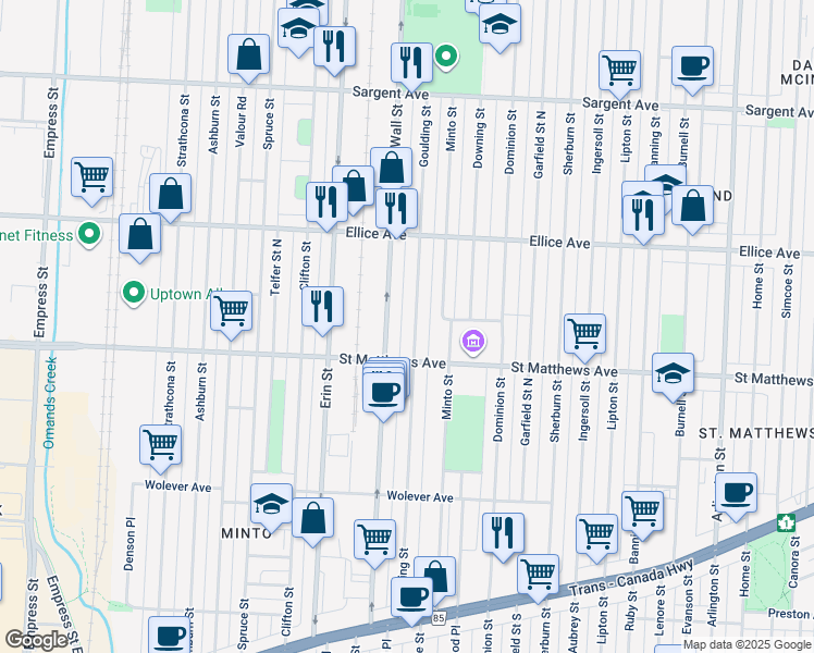 map of restaurants, bars, coffee shops, grocery stores, and more near 788 Goulding Street in Winnipeg