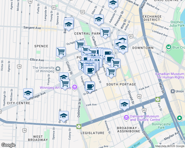 map of restaurants, bars, coffee shops, grocery stores, and more near 399 Graham Avenue in Winnipeg