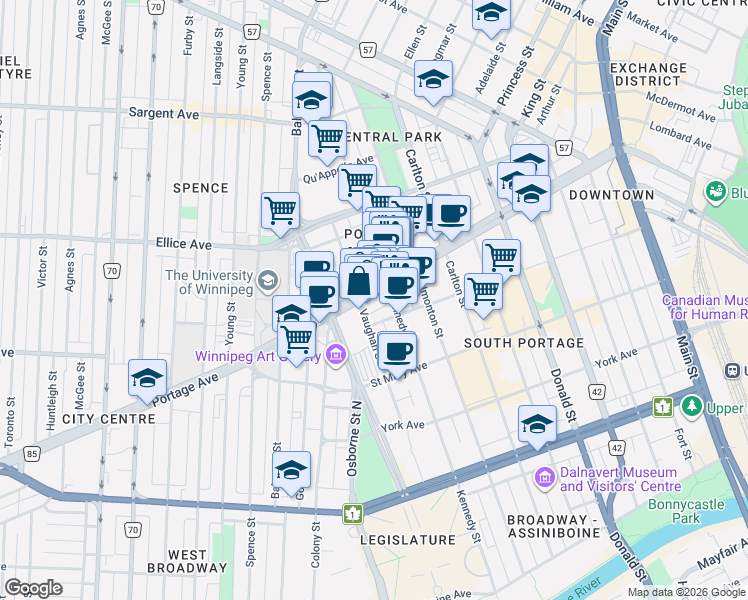 map of restaurants, bars, coffee shops, grocery stores, and more near 426 Portage Avenue in Winnipeg