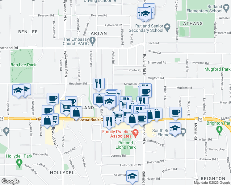 map of restaurants, bars, coffee shops, grocery stores, and more near 275 Asher Road in Kelowna