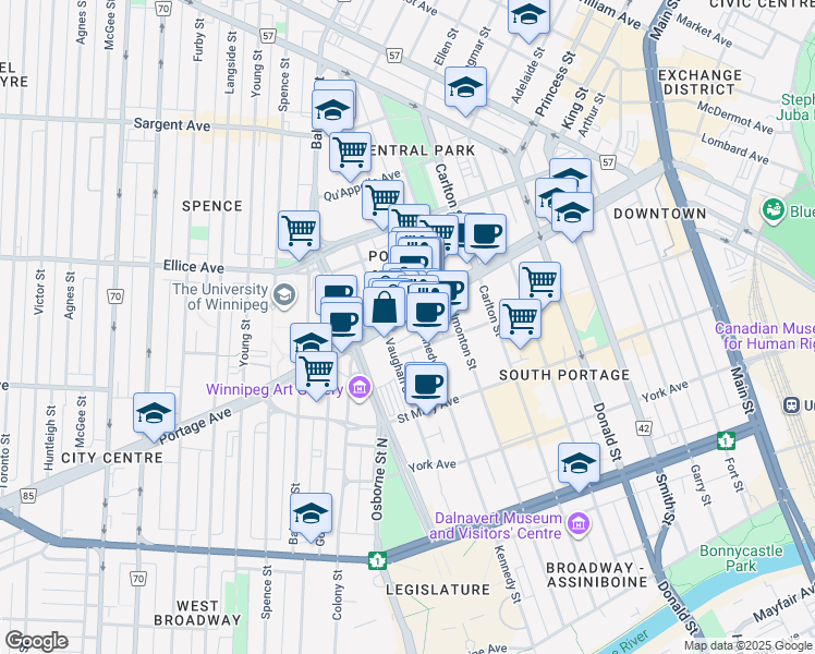 map of restaurants, bars, coffee shops, grocery stores, and more near 422 Portage Avenue in Winnipeg