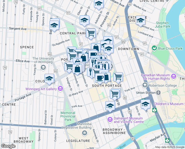 map of restaurants, bars, coffee shops, grocery stores, and more near 345 Graham Avenue in Winnipeg