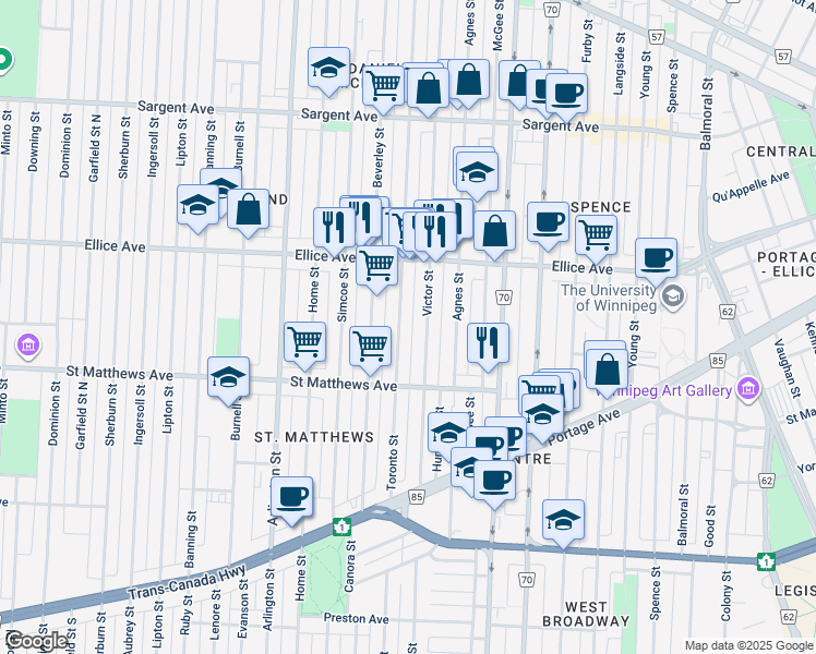map of restaurants, bars, coffee shops, grocery stores, and more near 395 Toronto Street in Winnipeg