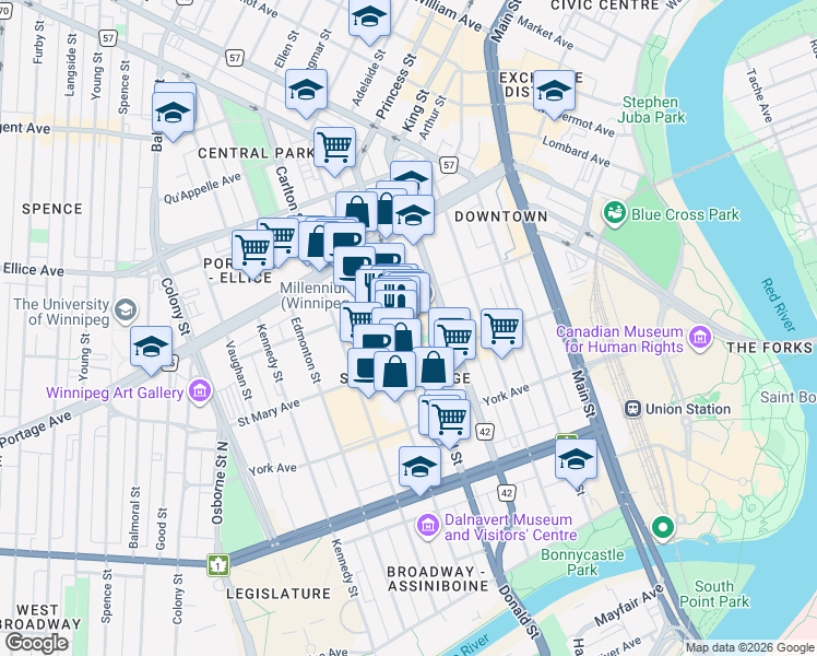 map of restaurants, bars, coffee shops, grocery stores, and more near 234 Donald Street in Winnipeg