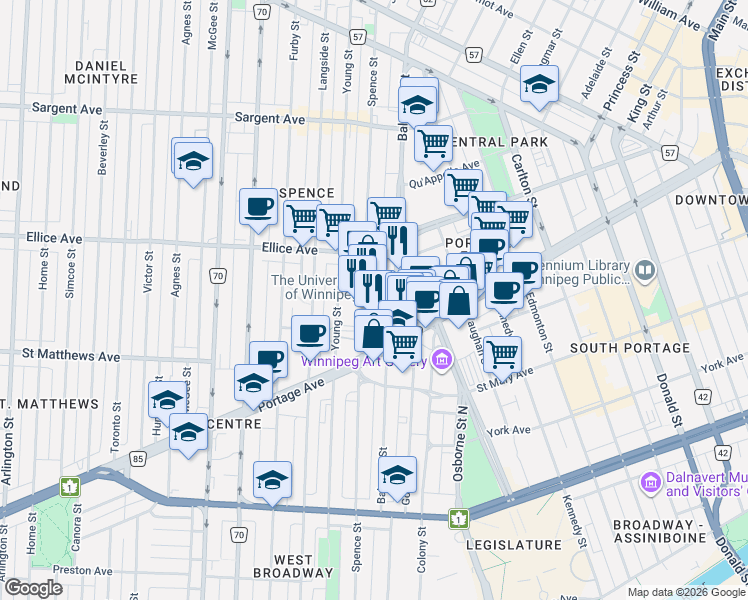 map of restaurants, bars, coffee shops, grocery stores, and more near 515 Portage Avenue in Winnipeg