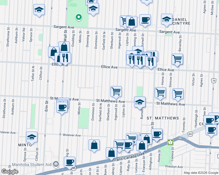map of restaurants, bars, coffee shops, grocery stores, and more near Sherburn Street in Winnipeg