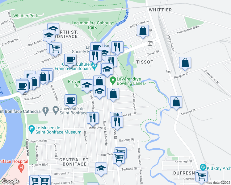 map of restaurants, bars, coffee shops, grocery stores, and more near 586 Des Meurons Street in Winnipeg