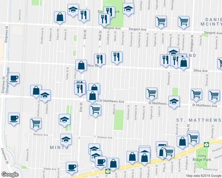map of restaurants, bars, coffee shops, grocery stores, and more near 818 Minto Street in Winnipeg