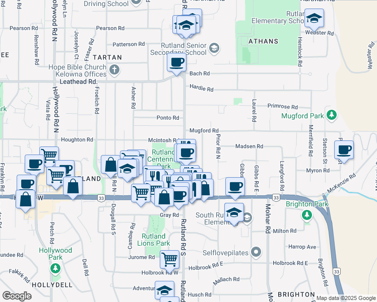 map of restaurants, bars, coffee shops, grocery stores, and more near 285 Rutland Road North in Kelowna