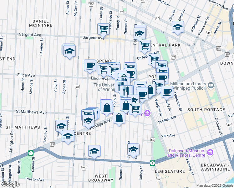 map of restaurants, bars, coffee shops, grocery stores, and more near 375 Young Street in Winnipeg