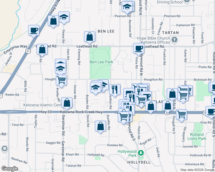 map of restaurants, bars, coffee shops, grocery stores, and more near 260 Franklyn Road in Kelowna