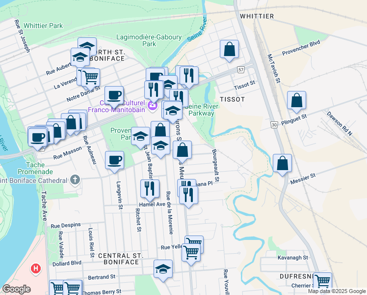 map of restaurants, bars, coffee shops, grocery stores, and more near 588 Des Meurons Street in Winnipeg