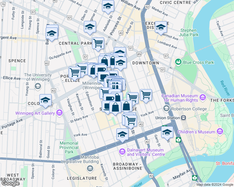 map of restaurants, bars, coffee shops, grocery stores, and more near 53-234 Donald Street in Winnipeg