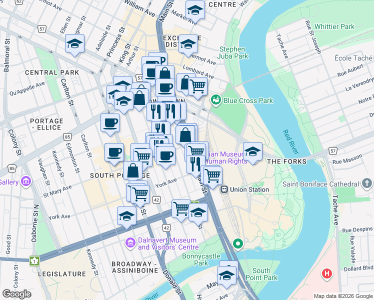 map of restaurants, bars, coffee shops, grocery stores, and more near 260 Main Street in Winnipeg