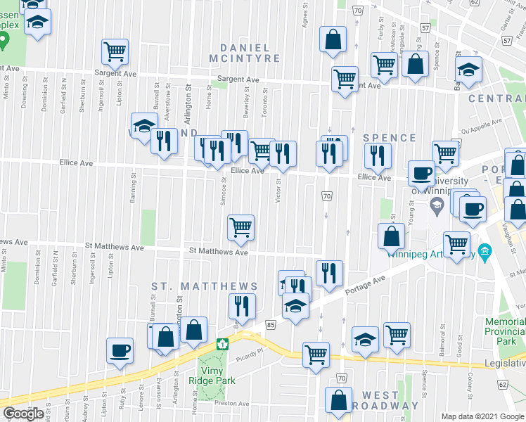 map of restaurants, bars, coffee shops, grocery stores, and more near 395 Toronto Street in Winnipeg