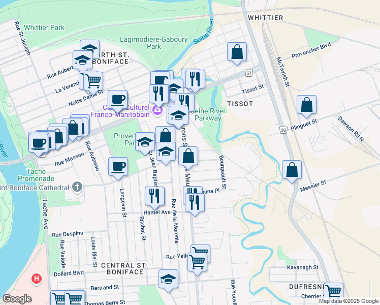 map of restaurants, bars, coffee shops, grocery stores, and more near 588 Des Meurons Street in Winnipeg