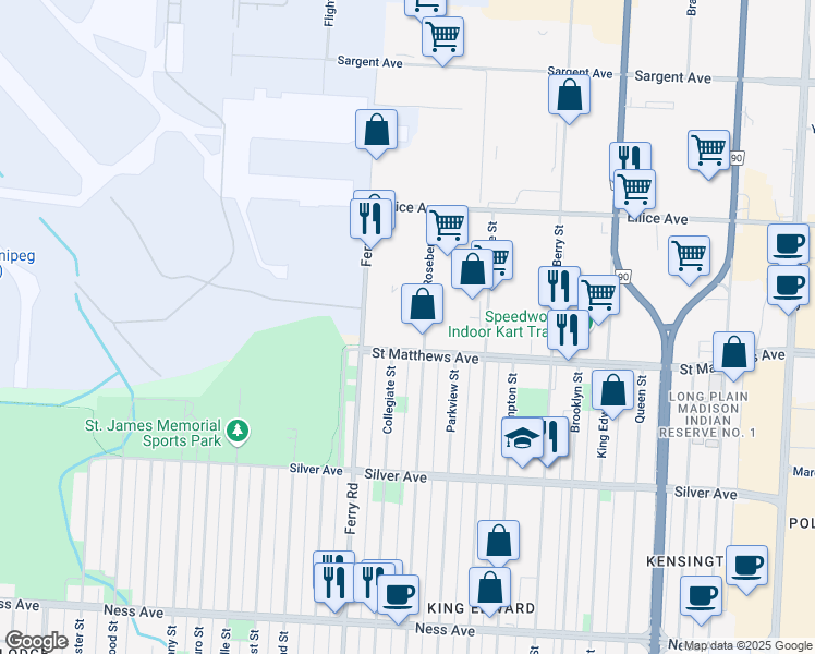 map of restaurants, bars, coffee shops, grocery stores, and more near 550 Roseberry Street in Winnipeg