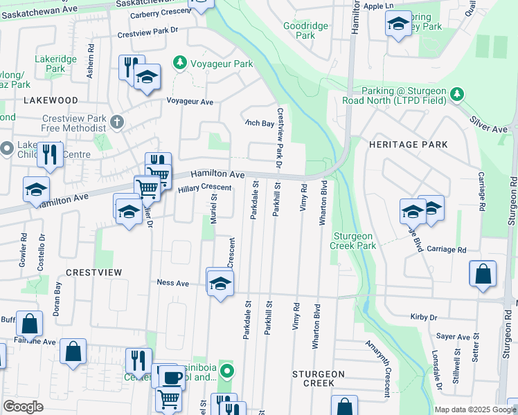 map of restaurants, bars, coffee shops, grocery stores, and more near 881 Parkdale Street in Winnipeg