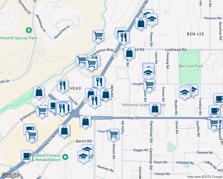 map of restaurants, bars, coffee shops, grocery stores, and more near 290 Mills Road in Kelowna