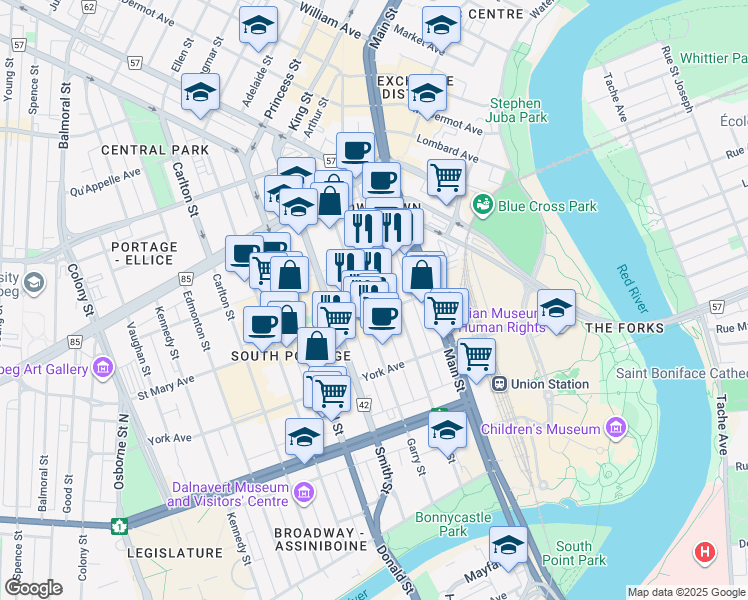 map of restaurants, bars, coffee shops, grocery stores, and more near 215 Garry Street in Winnipeg