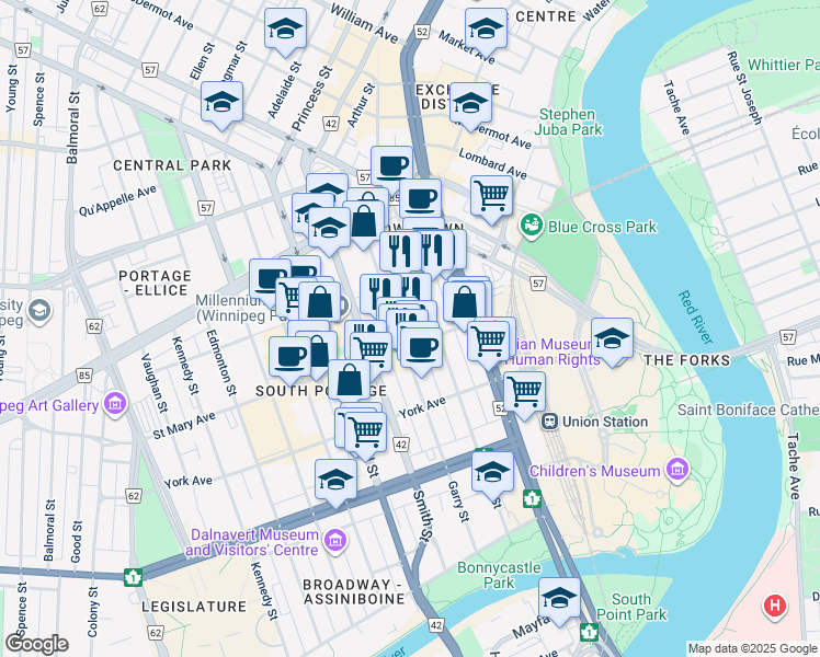 map of restaurants, bars, coffee shops, grocery stores, and more near 215 Garry Street in Winnipeg