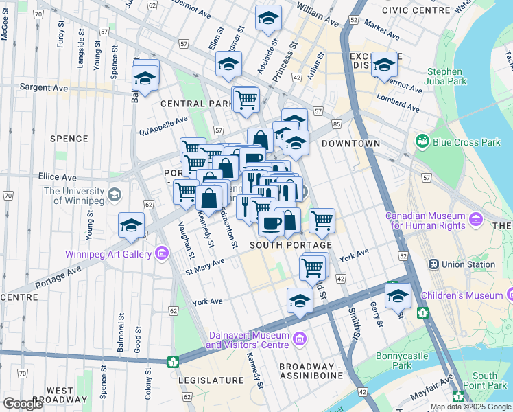 map of restaurants, bars, coffee shops, grocery stores, and more near 345 Graham Avenue in Winnipeg