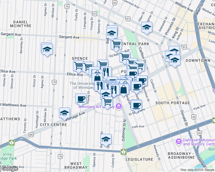 map of restaurants, bars, coffee shops, grocery stores, and more near 389 Balmoral Street in Winnipeg