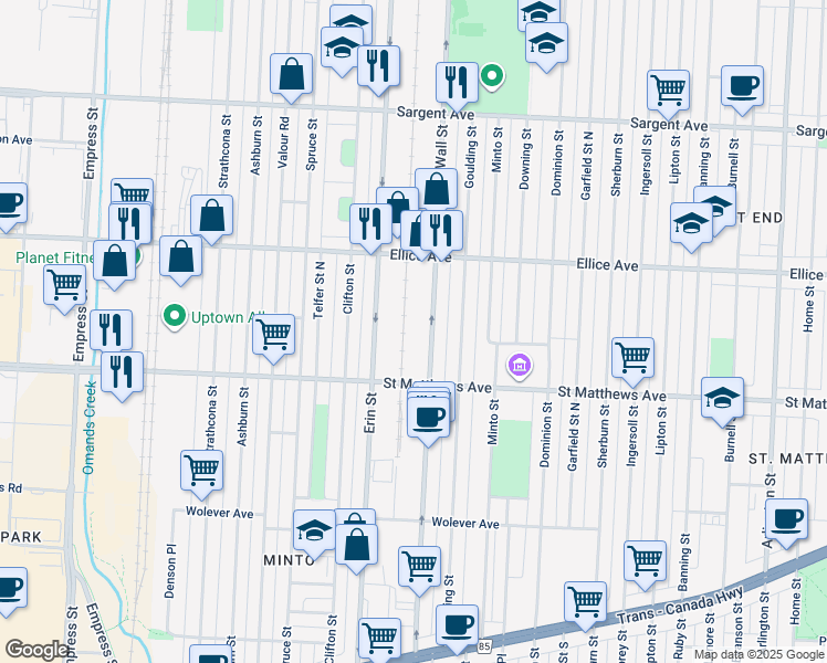 map of restaurants, bars, coffee shops, grocery stores, and more near in Winnipeg