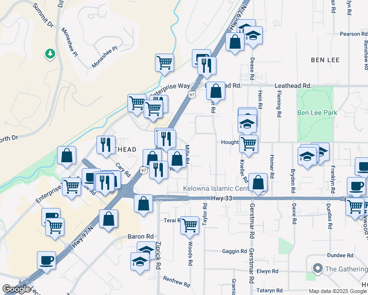 map of restaurants, bars, coffee shops, grocery stores, and more near 290 Mills Road in Kelowna