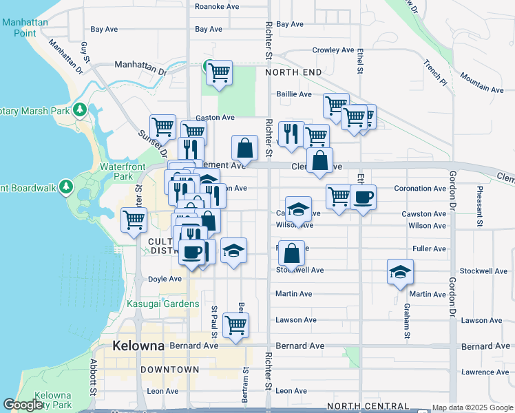 map of restaurants, bars, coffee shops, grocery stores, and more near in Kelowna