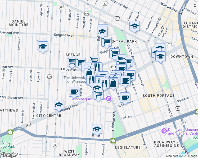 map of restaurants, bars, coffee shops, grocery stores, and more near 391 Balmoral Street in Winnipeg