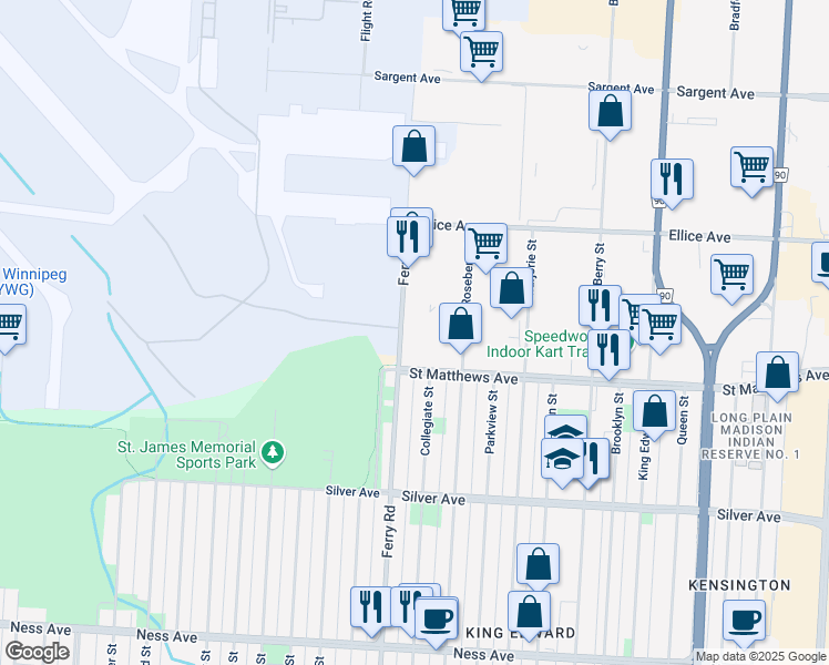 map of restaurants, bars, coffee shops, grocery stores, and more near 550 Roseberry Street in Winnipeg
