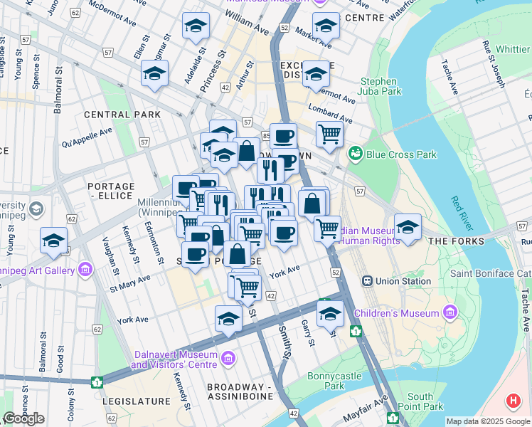map of restaurants, bars, coffee shops, grocery stores, and more near 266 Garry Street in Winnipeg
