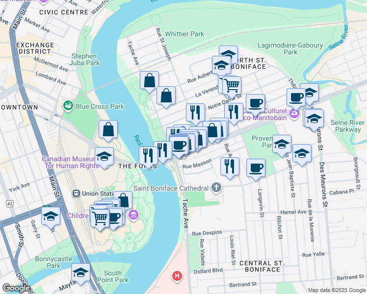 map of restaurants, bars, coffee shops, grocery stores, and more near in Winnipeg