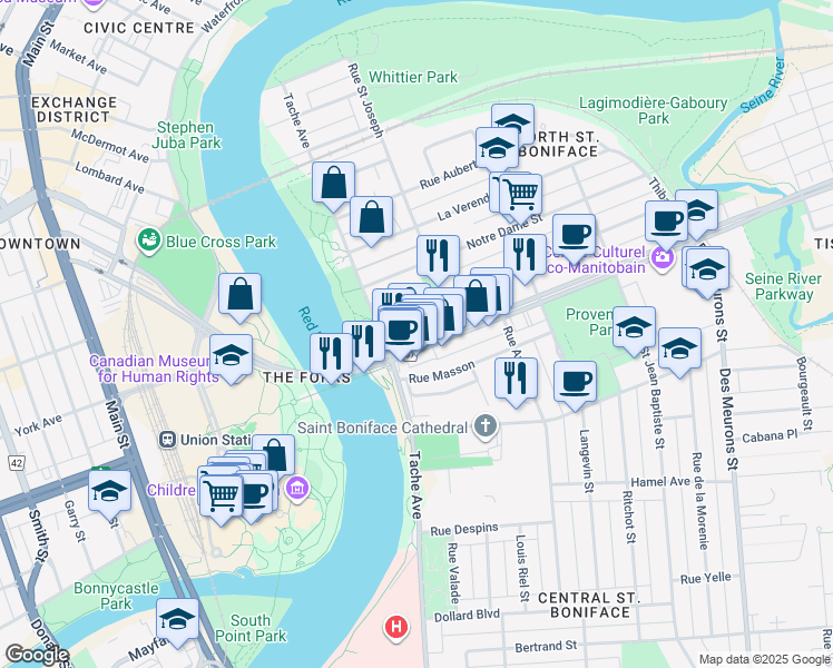 map of restaurants, bars, coffee shops, grocery stores, and more near in Winnipeg
