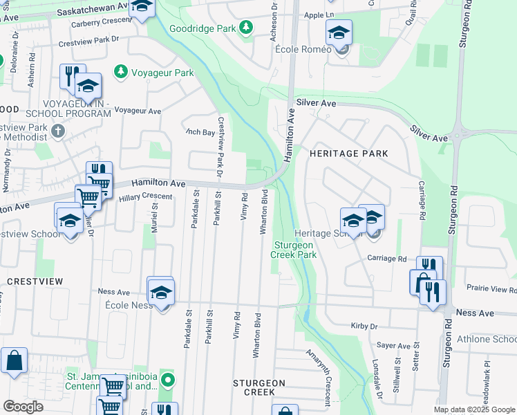 map of restaurants, bars, coffee shops, grocery stores, and more near 294 Wharton Boulevard in Winnipeg