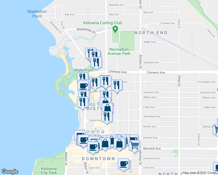 map of restaurants, bars, coffee shops, grocery stores, and more near 302-1329 Ellis Street in Kelowna