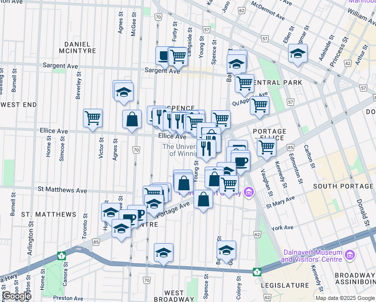 map of restaurants, bars, coffee shops, grocery stores, and more near 417 Langside Street in Winnipeg