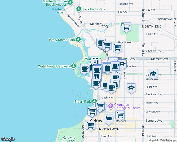 map of restaurants, bars, coffee shops, grocery stores, and more near 1288 Water Street in Kelowna