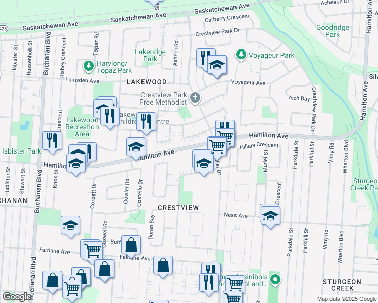 map of restaurants, bars, coffee shops, grocery stores, and more near 278 Hamilton Avenue in Winnipeg